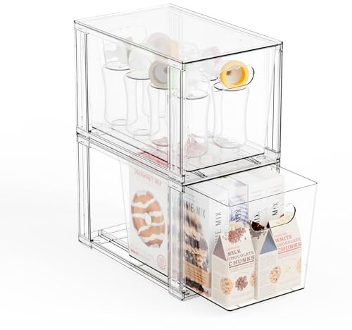 Yieach 2 Pack Large Stackable Storage Drawers,11″Deep Under Cabinet Organizer,Baby Bottle Organizer,Clear Stacking Pull Out Drawer,Acrylic Storage Containers Bins for Organizing Snack,Medicine,Makeup
