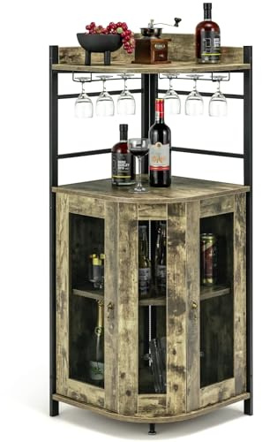FANTASK Weinschrank Eckschrank, Barschrank Industrial mit Glashalter, Küche Hausbar aus Metallrahmen für Küche, Wohnzimmer, Esszimmer, 46 x 46 x 130 cm (Hellbraun)