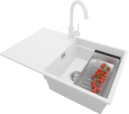 PRIMAGRAN Lavandino da Cucina al Mobile 50cm + Rubinetto, 78x50cm | Set: Rubinetto BW5010 + Kit di scarico + Lavello in Granito a 1 Vasca - San Francisco Level, Bianco