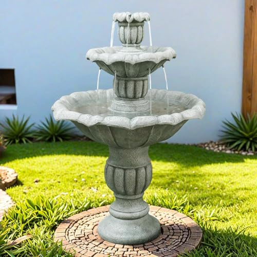 UIHECTA Fontaine D'ExtéRieur Moderne en BéTon, Grande Fontaine à 3 Niveaux Cascade Et Pompe éLectrique DéCoration Jardin, Patio, Cour Et Terrasse Aspect Pierre Naturelle,A
