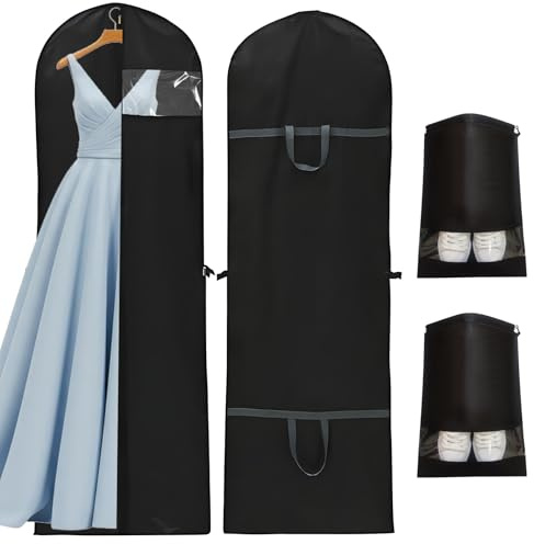 VEGCOO 4 Stück Set Kleidersack Lang 180 x 60 cm + Schuhbeutel, Faltbare Kleidersäcke mit Reißverschluss mit Griffen, Staubdichte Kleidung Schutztasche für Anzug Mäntel Kleider Brautkleider
