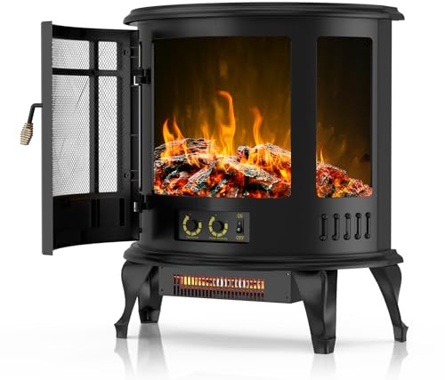 Quiniver 25 Vintage Freestanding Electric Stove Portable Fire Heater | 1500W efficient heating, lifelike glowing log flames, cool touch body, overheat cut-off, knob operated
