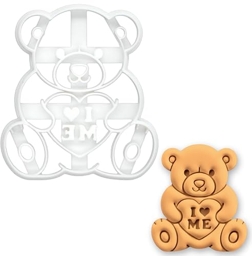 BAKERLOGY I Love ME Teddy Bear Cookie Cutter – Cute Bear Holding Heart Biscuit Cutter for Self Love, Self Care, Anti-Valentine Baking, Empowerment Gift, Galentine’s Day or Fun Romantic Baking Tool