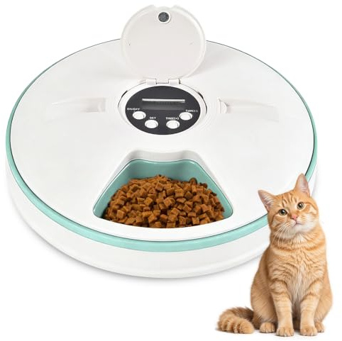 Distributeur Croquettes Chat Automatique – Distributeur Croquettes Chat et Nourriture Humide pour 6 Repas, Fente Temporisée, Fonctionne sur Piles, Idéal pour Croquettes et Pâtée