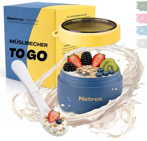 Netrox Müslibecher To Go mit Löffel, Joghurtbecher aus Edelstahl | Auslaufsicherer Lunchbox-Becher, To Go Becher für Müsli, Joghurt, Porridge, Suppen, Müsli To Go für Kinder