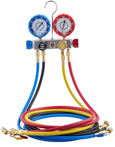 VEVOR Kit de Recharge de Réfrigérant de Climatisation R22, R404A, R410A et R12, Manomètre Frigoriste 4 Voies, pour Fluide Frigorigène Systèmes de Climatisation Auto et Domestique, avec Flexibles 1,5 m