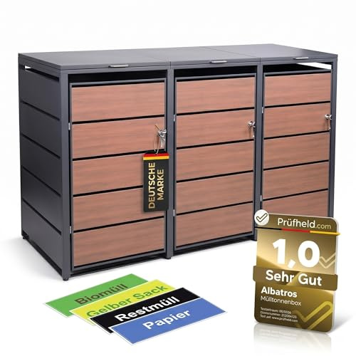 ALBATROS Mülltonnenbox 3er Holzdekor | Metall, 120-240L, abschließbar | Mülltonnenverkleidung Holzoptik, verzinktes Metall Anthrazit RAL7016, wetterfest, ISO9227, für 3 Mülltonnen, Aufkleber-Set