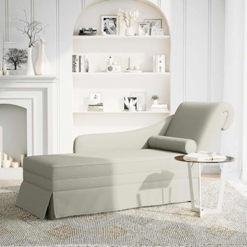 Chaiselong med nackrulle och höger armstöd i kräm sammet, vadderad, ergonomisk för vardagsrum, sovrum och kontor, bekväm avslappningsstol med ryggstöd för avkoppling och