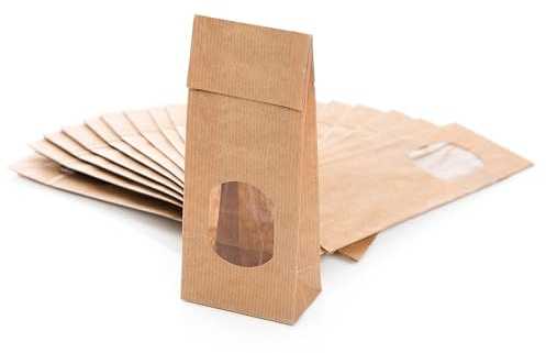 Braune Blockbodenbeutel, 10 Stück: Papiertüten mit Sichtfenster, Tüten Klein, Teetüten Braun, Geschenktüte für Süßigkeiten & Gewürze, Kraftpapiertüten, Papierbeutel mit Folieneinlage, 7 x 4 x 20,5 cm