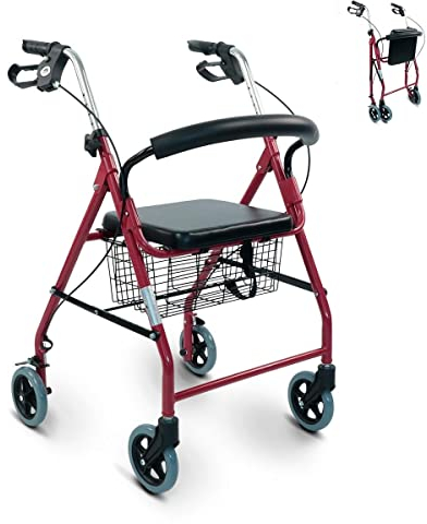 Mobiclinic®, Déambulateur pliable, Rollator, Hauteur réglable, Freins à main, Siège et dossier, Fabriqué en aluminium, Léger résistant, Marque européenne, Mod. alhambra, Framboise