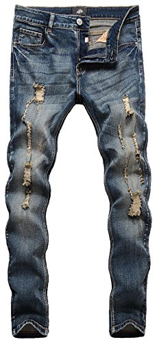 ZLZ Men's Ripped Skinny Distressed Destroyed Slim Fit Stretch Biker Jeans Pants With Holes, Vintage Blue, 31