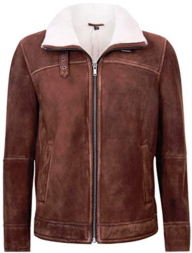 Infinity Leather Männer Braun und Sahne Harrington Shearling Schaffell Leder Bomber Fliegendes Jacke XS