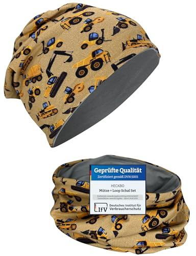 HECKBO Bonnet & Tour de Cou Engins de Chantier – réversible en jersey – Enfants 2–8 ans, coton – Bonnet casque garçon gris (48–54 cm)