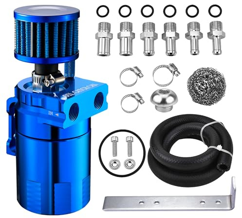 EVIL ENERGY Oil Catch Can, Universal Baffled Catch Can Kit with Breather Filter, 300ml Aluminum Air Oil Separator Tank NBR Fuel Hose Kits for PCV System Blue
