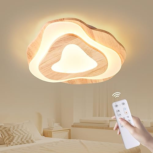 LED Deckenleuchte Holz Ø40cm 36W Deckenlampe Dimmbar 3000K-6000K Mit Fernbedienung, Moderne Unregelmäßiges Runde Lampe aus Holz & Acryl, Schlafzimmer Wohnzimmer Kinderzimmer, Mit Memory&Timer Funktion