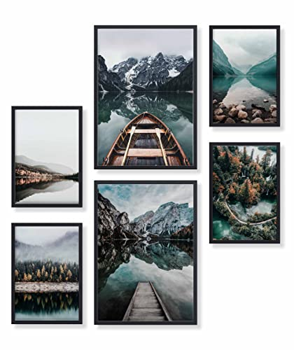 Heimlich® Premium Poster Set mit Bilderrahmen Holz Schwarz | 2 x DIN A3 & 4 x DIN A4 - ca. 30x42 & 21x30 | Stilvolle Poster Collagen mit passenden Bilder als Wanddeko » Wald See «