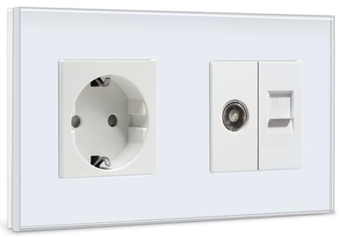 BSEED Enchufe de Pared con 1/2 PC+ TV,Antena de TV Coaxial y Ethernet RJ45 Cat5e,Schuko Enchufe con Panel de Cristal,Blanco Toma de Corriente,Enchufes de Extensión para Cocina, Dormitorio
