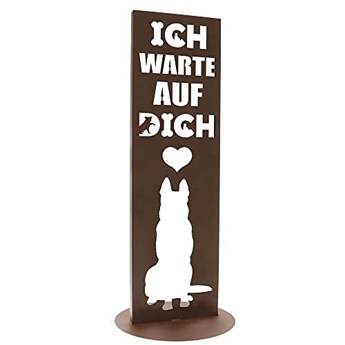 Bentatec Gartenschild Edelrost Optik Dekosäule Hund Ich warte auf Dich mit Herz 100cm x 30cm