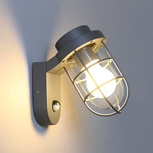 DAWALIGHT Applique Murale Capteur de Mouvement Alimentée par secteur IP44 étanche Lampes d'extérieur en verre avec douille E27 pour patio jardin porte d'entrée, Gris foncé