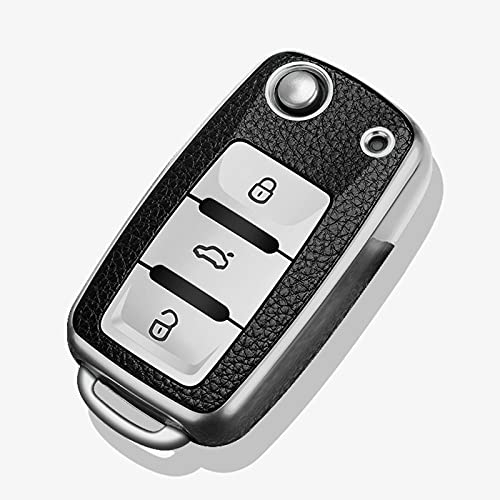WSWJDW TPU Leder Tasten Autoschlüssel Hülle Schlüsselbund Ring Schlüsseltasche, passend für VW Volkswagen Golf 6 Polo Passat Seat Ibiza Leon Skoda Octavia Fabia,Silber