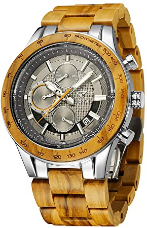 VICVS Men's Wood and Stainless Steel Watches, Chronograph 3 Dials Chronograph Quartz Casual Business Multifunctional Men's Wood Watches, Handmade (Olive Metal)