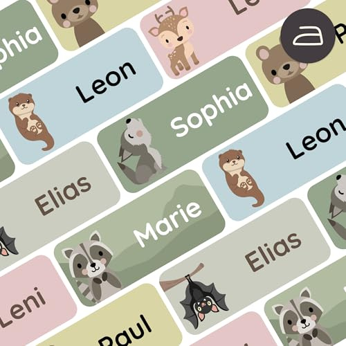 Klebekerlchen® Personalisierbare Bügeletiketten - Namensschilder für Kleidung, Sticker zum Aufbügeln, Etiketten für Kleidung - 120 Stück, 3 x 1,3 cm, Kinder, Schule - Waldtiere