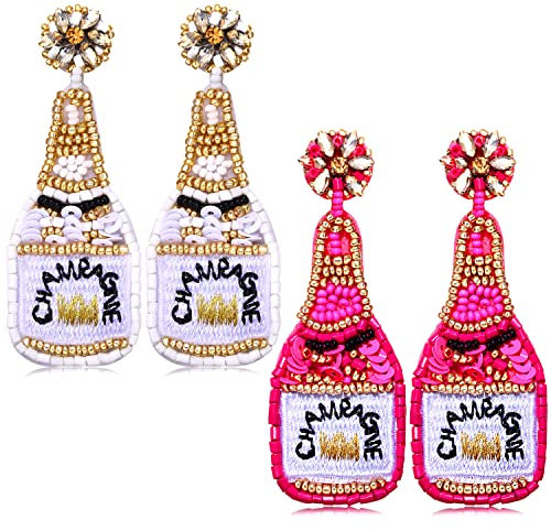2Pairs Beaded Champagne Earrings for Women Statement Wine Bottle Dangle Earrings Sparkling Rhinestone Sequin Drop Earrings Party Celebration Gift, Glass Beads, Rhinestone