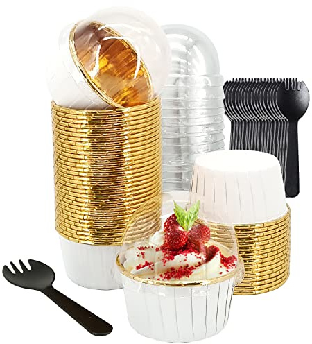 50 Pack Jumbo Cupcake Cups with Lids,LNYZQUS 5oz Foil Cupcake Muffin Liners,Disposable Ramekins Pans Muffin Tins,Large Baking Cups Cupcake Wrappers Holders -White in gold