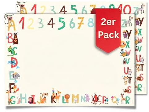 Friendly Fox 2x Kinder Schreibtischunterlage ABC, DIN A3 Schreibtischunterlage Papier, 25 Blatt Block zum Malen, Schreibtisch Unterlage zum Schreiben, Doppelpack
