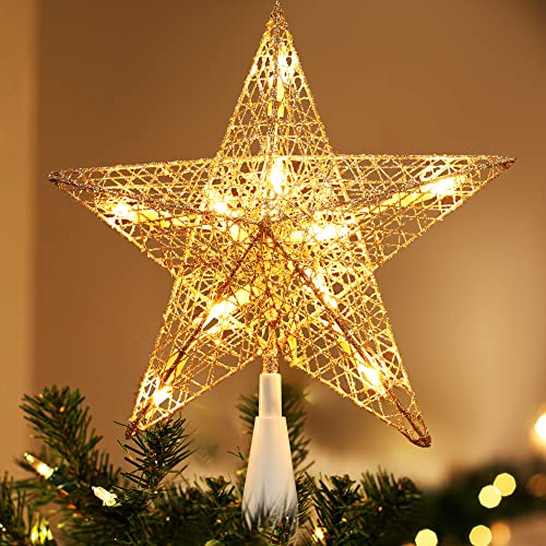 Brizled Silver Christmas Tree Topper, 9“ Christmas Star Tree Topper with 10 Warm White Lights, Pre-lit Glittered Star Treetop, 120V UL Listed Lighted Xmas Treetop for Christmas Tree Home Decorations