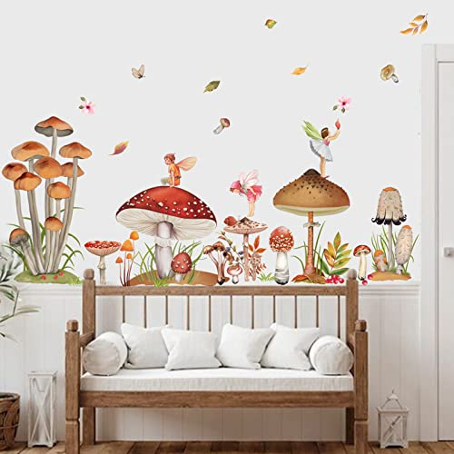 decalmile Woodland Mushroom Wall Decals Spring Forest Grass Easter Wall Stickers Girls Bedroom Living Room Kitchen Wall Door Decor
