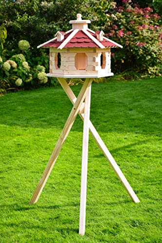Deko-Shop-Hannusch Vogelhaus aus Holz unbehandelt zum selbst gestalten, bemalen, wahlweise mit Solarbeleuchtung und Ständer, wetterfestes Bitum, XXL, Vogelhäuschen (Standard mit Ständer, Rot)
