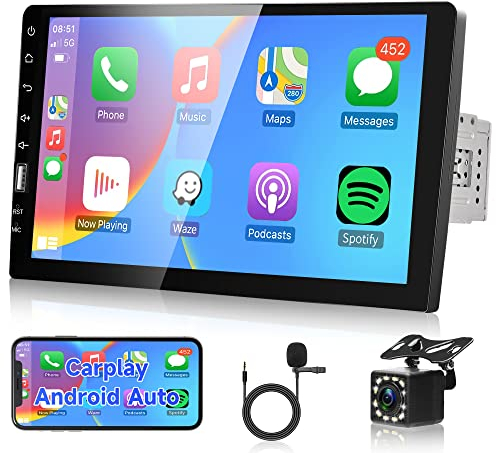 Rimoody Carplay Autoradio 1 Din mit Android Auto Bluetooth FM 9 Zoll Touchscreen Autoradio mit IOS/Android Mirror Link USB/AUX/TF/EQ Lenkradsteuerung Digital Media Receiver con Rückfahrkamera Mikrofon
