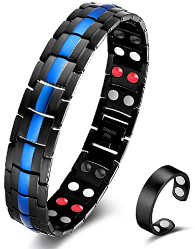 Vicmag Bracciale magnetico da uomo in acciaio al titanio, doppia fila, magneti ultra spessi con strumento di regolazione e confezione regalo (linea blu 4 elementi)