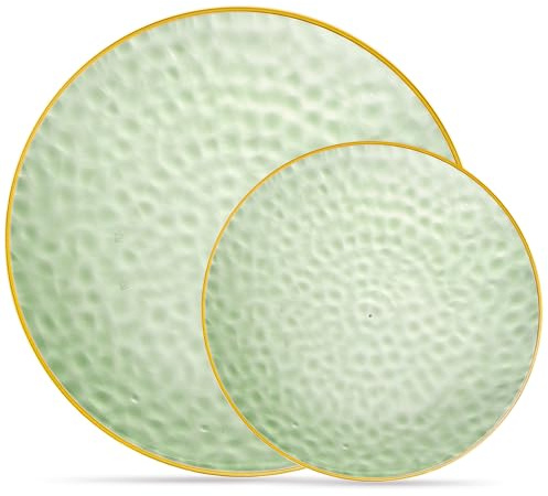PLASTICPRO 64 Piece Combo Plates Set includes 32-7'' inch Plate & 32-10'' inch Plates Green Hammered Plastic PartyPlates Premium heavyweight Elegant, Disposable, Tableware, Dishes,