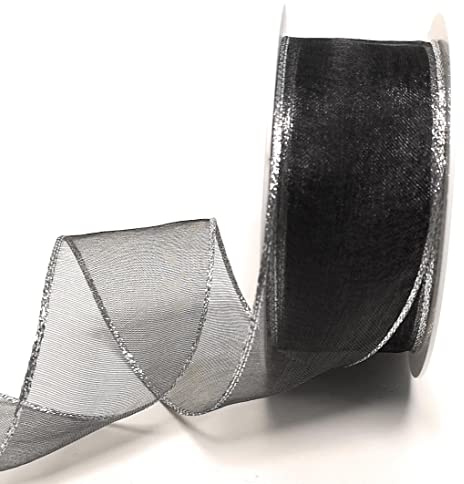 s.dekoda Schleifenband Organza 25m x 40mm Schwarz - Silber Organzaband mit Drahteinlagen [1519]