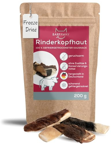 BARFAWAY Rinderkopfhaut, gefriergetrockneter Kausnack mit Fell für Hunde, 100% natürlich ohne Zusätze, Deutsche Herstellung, geruchsneutral, 200 g
