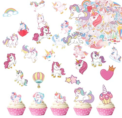 DALAETUS 96 Pcs Unicorn Cake Topper Set,Glutinous Edible Rice Paper with Flag Decoration,Cute Cartoon Cupcake Toppers,Rainbow Decoration for Kids,Boys,Girls,Birthday,Shower Party Supplies,(No)