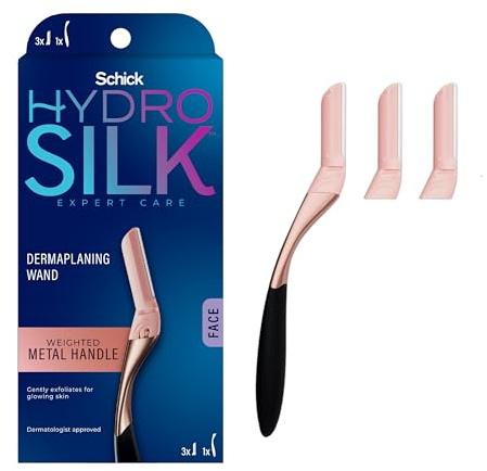 Schick Hydro Silk Dermaplaning Wand, Dermaplaning Tool for Face | Dermaplane Razor for Women Face, Eyebrow Razor, Peach Fuzz Remover, Includes 1 Weighted Metal Handle with 3 Refill Blades