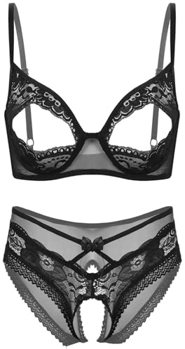 YiZYiF Completo Intimo in Pizzo Donna Lingerie Babydoll Prospettiva Set di Biancheria Intima con Perle Composto da Reggiseno Aperto Perizoma Slip con Reggicalze Underwear Nero BQ XL