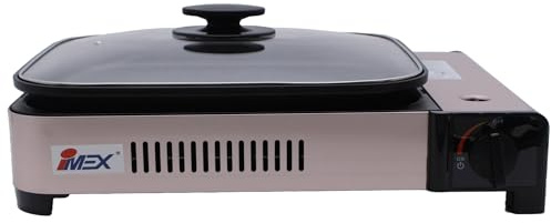 IMEX 2-in-1 Gaskocher und Gasgrill inkl. Grillplatte, Pfanne, Glasdeckel und Koffer | Campingkocher für innen- und Außenbereich, Multi Campinggaskocher