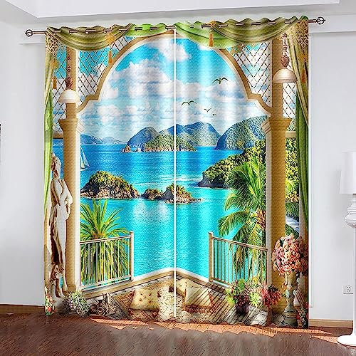 Vorhang Blickdicht Ösen Thermo Verdunkelungs Polyester Gardinen 2 Stück 3D Schöner Garten Am Meer Für Schlafzimmer Wohnzimmer Kinder Oder Babyzimmer 2 X 70 X 160 Cm - Bedruckte Verdunkelung -5C8U7K0Q8