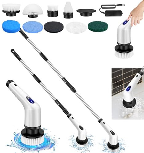 Cordless Electric Spin Scrubber with 10 Replaceable Brush Heads & Extension Adjustable Handle, 10-in-1 Handheld Electric Cleaning Brush for Bathroom, Tub, Kitchen Stove, Tile Grout