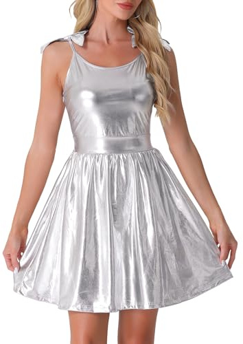 Allegra K Damen Spaghettiträger Sexy Kleid Metallic A-Linie Glitzer Ärmellos Party Club Minikleider