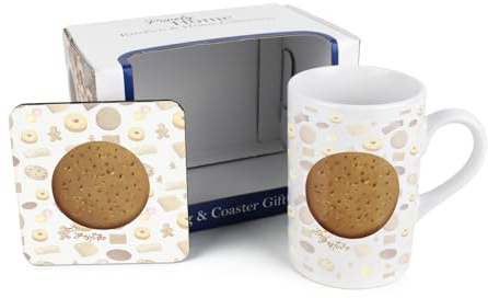 Purely Home Digestive Mug & Coaster Gift Set - Novelty Gifts for Foodies - Tea/Coffee Ceramic Mug & Cork Coaster Set