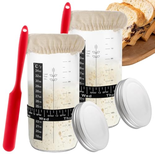 LOPYXBR 2 Unidades de 1000 ml sourdough Starter Kit, Vidrio con Escala, Vaso de fermentación con espátula y termómetro, Accesorios para Hornear Pan, Recipiente de Masa Madre de Cristal