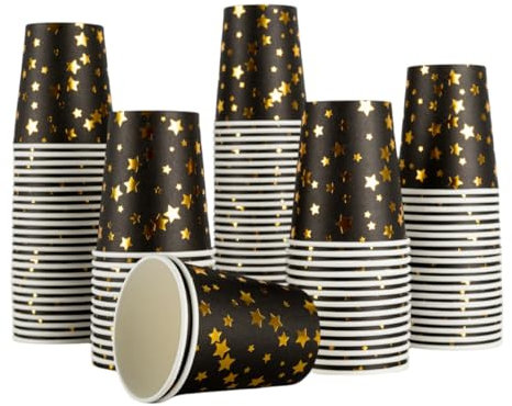 CEILIWEN Pack of 100 Black and Gold Star Paper Cups, 9 OZ/250ml Paper Party Cups for Both Hot and Cold Drinks