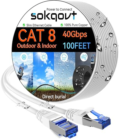 Sokqovt Cat 8 Ethernet Cable Slim 100ft Outdoor&Indoor, Pure Copper Cat8 Internet Cable for Waterproof & Direct Burial, Flexible Cat8 Ethernet Cable 40G 2000MHZ, Cat 8 Network Cable for Indoor White