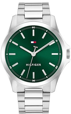 Tommy Hilfiger Reloj Bruce 1710672 - Analógico Hombre, Caja Acero Inoxidable Plateado, Esfera Verde, 43mm, Resistente al Agua 3 ATM