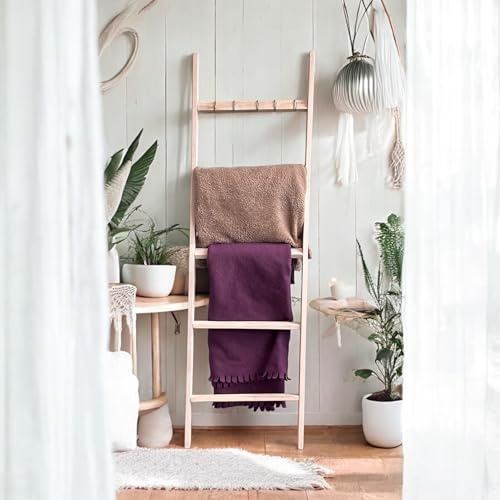 Emir&Odin Blanket Ladder – 5 Tier 60’’ inc Wooden Blanket Ladder, Living Room Home Decor, Wall Decorative Ladder Shelves, Wooden Blanket Ladder for Livingroom Furniture (Rustic White)